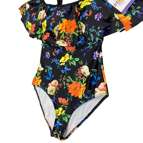 NWT Tempt Me S Black Floral Swimsuit Ruffle Top Molded Cup Tropical Print - Picture 4 of 12